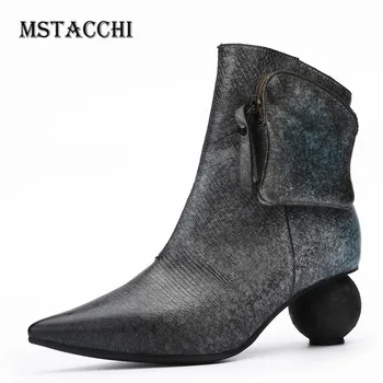 

MStacchi Women Antiquity Pleated Round Heels Packet Boots Do Old Pointed Toe Gradual Change Bottes Elegant Lady Zipper-Sid Boots