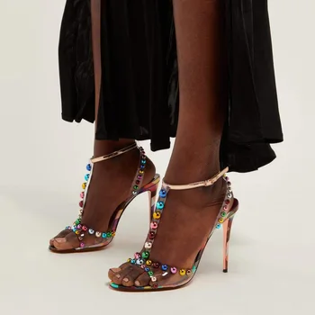

Mix Color Buckle Strap Women Sandals High Heels Slingback Colorful Bead Stud Ladies Party Pumps PVC T Strap Open Toe Shoes