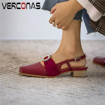 

VERCONAS 2020 Sweet Woman Sandals Women Pumps Genuine Leather Summer Pearl Decoration Square Toe Square High Heeled Shoes Woman