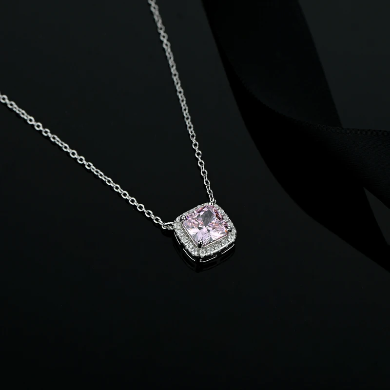 OEVAS 100% 925 Sterling Silver Square Pink Yellow Zircon High Carbon Diamond Pendant Necklace For Women Sparkling Fine Jewelry