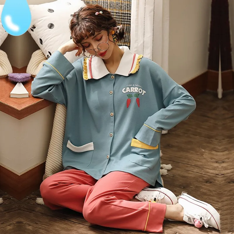 

Long-sleeved Cotton Cartoon Rabbit Pattern Lace Collar Cardigan Ladie Spring Autumn Pajamas Home Clothes Suit Comfortable Soft