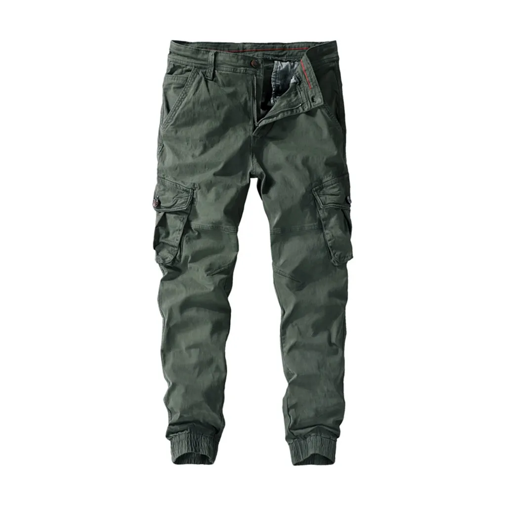 Army Green Мужские повседневные плиссированные мульти повседневные Карманы средняя талия сплошной свободные длинные штаны с накладными карманами - Цвет: Army Green