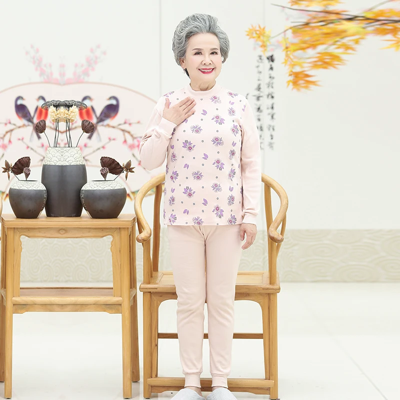 

Aged Women Winter Thermal Lingerie Set Red Pink Beige Flower Cotton Long Johns Two Piece Sets Woman Grandma Mother Intinates Mom