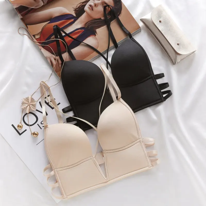 Women Backless Bra Deep U Shape Push Up Bras Sexy Smooth Back Closure Bralette Cross Straps Underwear Thin | Женская одежда