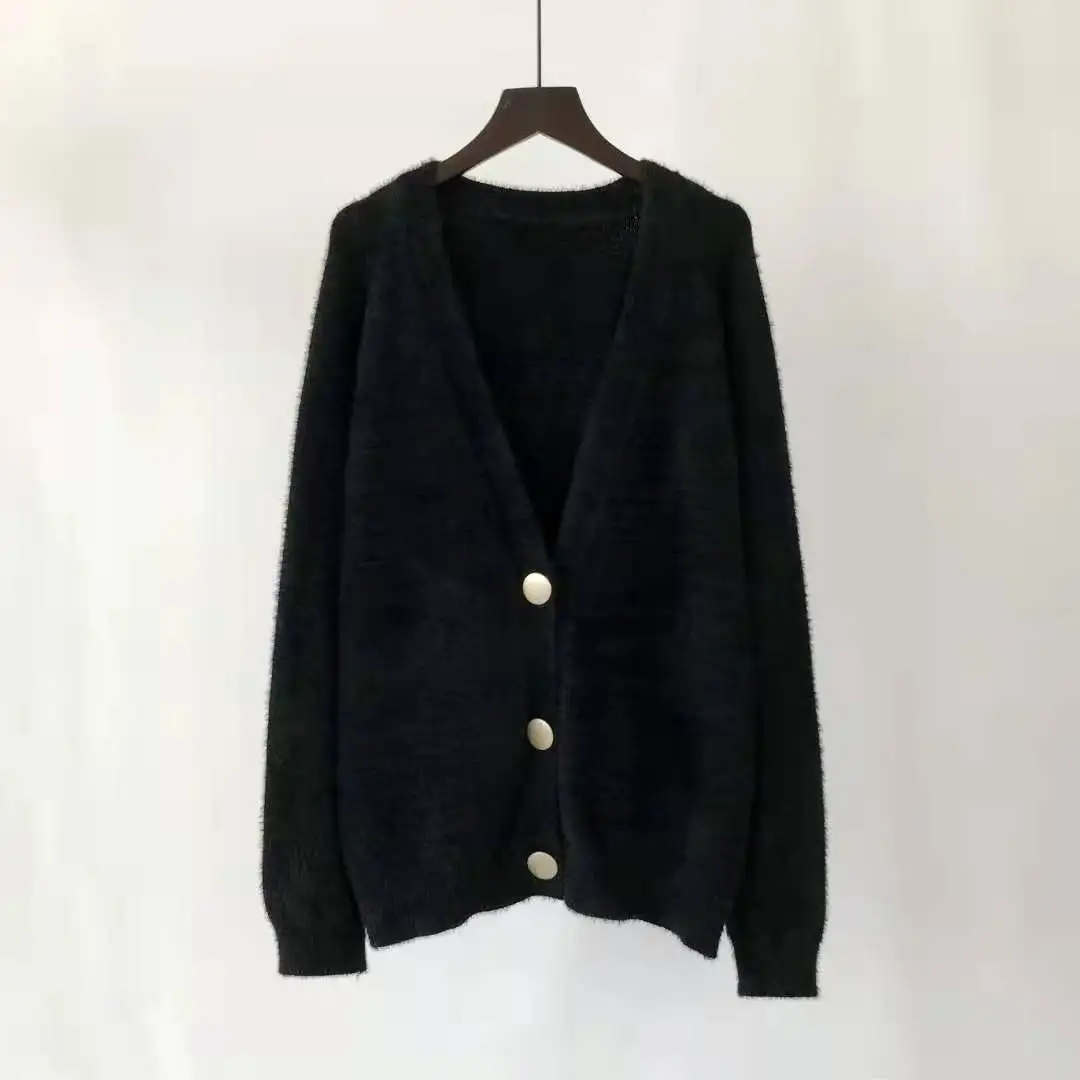 Lugentolo женский свитер модный осенний зимний Свободный вязаный кардиган с v-образным вырезом - Цвет: Черный
