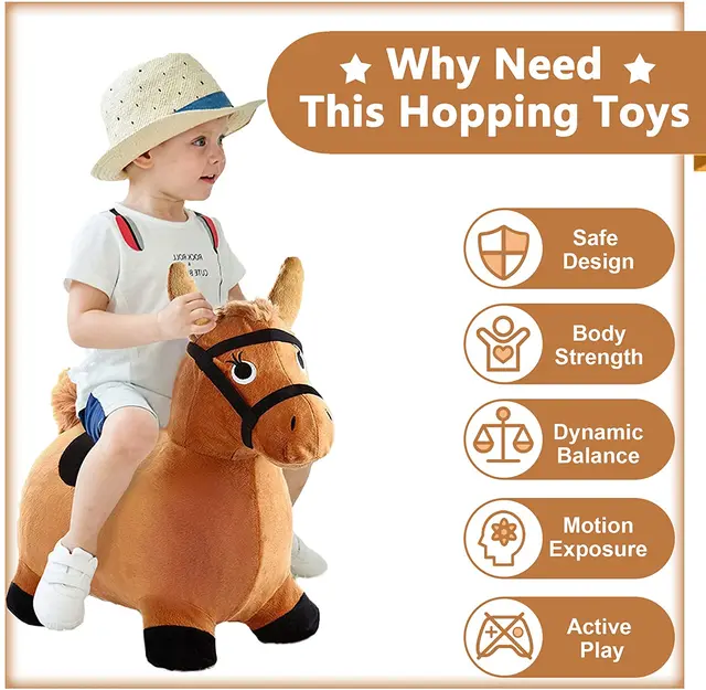 iPlay iLearn Brown Hopping Horse Toddler Plush Animal Hopper Toy Kids Inflatable Ride on Bouncer Gift for Boy Girl 2