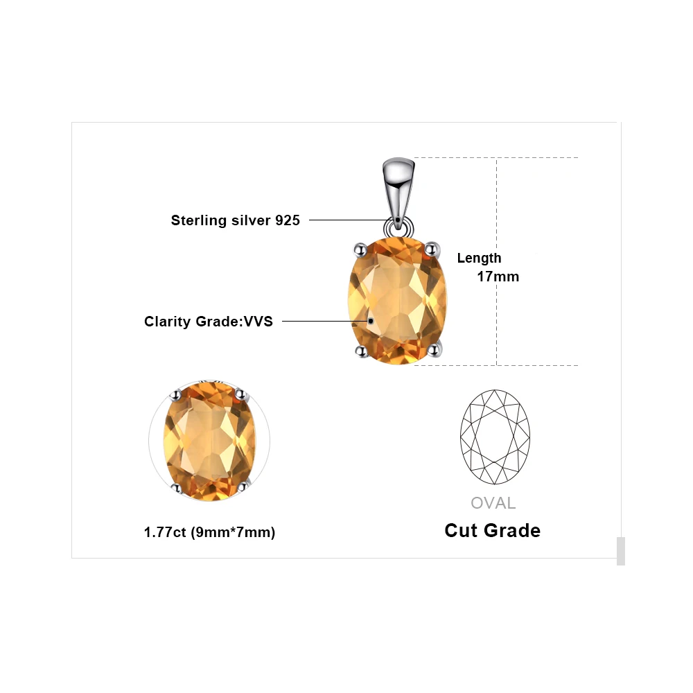 JewelryPalace Oval Yellow Genuine Natural Citrine 925 Sterling Silver Pendant Necklace Gemstone Necklace for Women No Chain