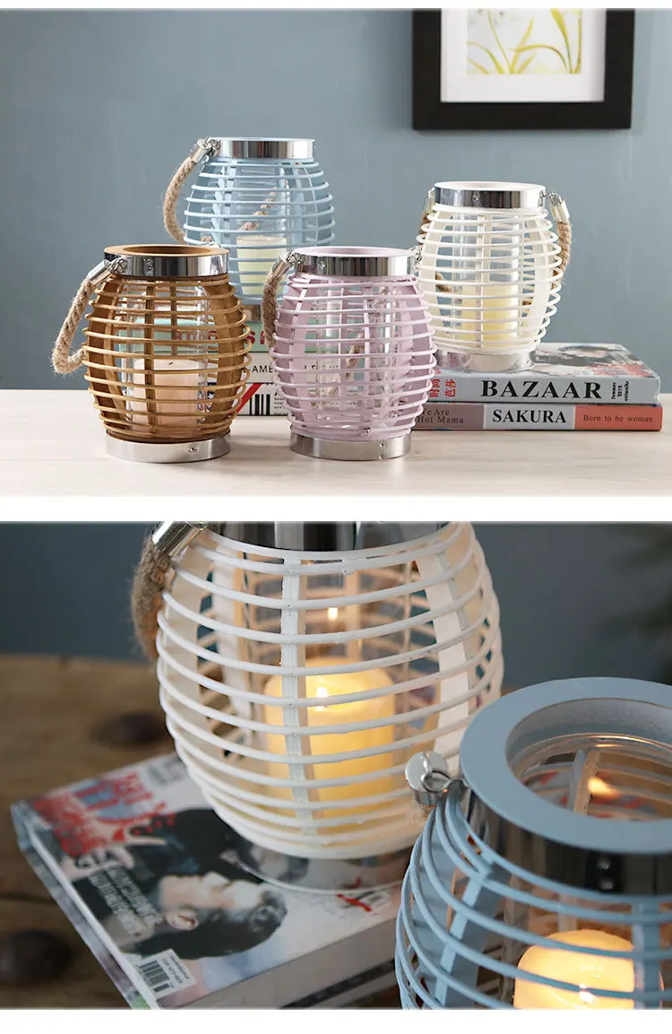 Pastoral Style Creative Wood Hand Candlestick Rattan Wicker Weavings Hemp Rope Lantern Creative Living Room Furniture Decoration