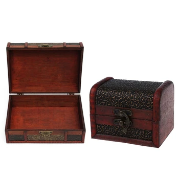

2 Pcs Storage Box: 1 Pcs Large Decorative Trinket Jewelry Lock Handmade Vintage Wooden Storage Gift Box & 1 Pcs Bronze Tone Embo