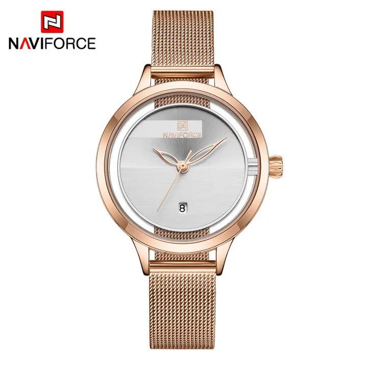 NAVIFORCE, простое платье, женские часы, люксовый бренд, ультра тонкие кварцевые часы, сетчатый ремешок, отображение даты, женские наручные часы, водонепроницаемые - Цвет: ROSE GOLD