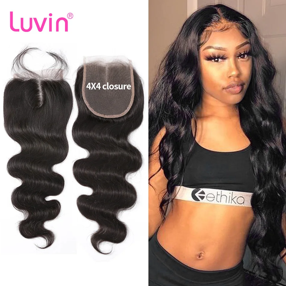 Pelo Luvin 4x4, cierre Frontal de malla con pelo de bebé, 8-20 pulgadas, Color Natural, peruano, ondulado, Remy, cabello humano largo, parte libre