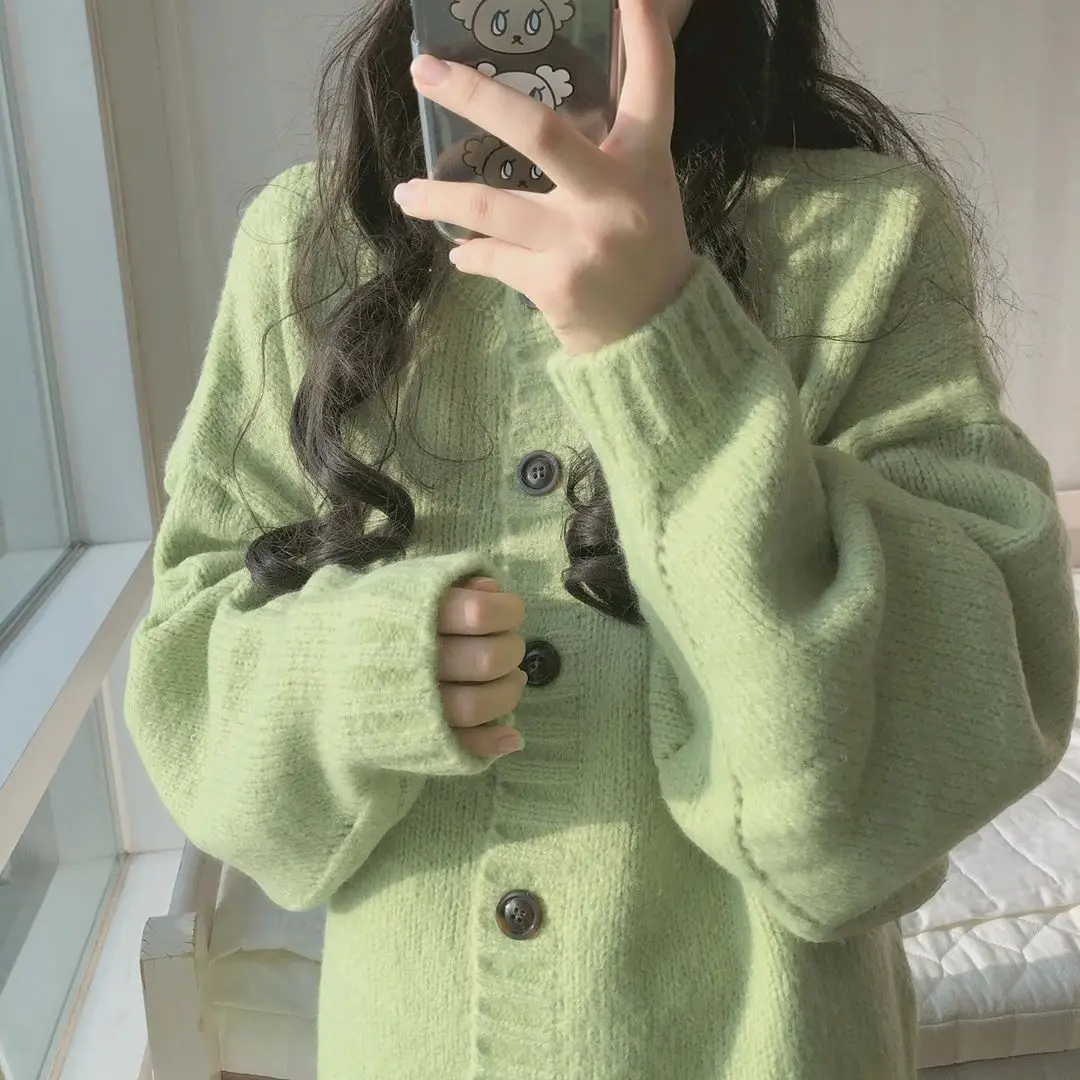 

Cardigan Women Solid Long Green O-neck Single Breasted Spring Autumn Comfortable Warm Simple All-match Loose Chic Korean Style