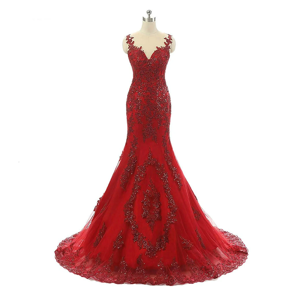 Сексуальное длинное вечернее платье прозрачное с круглым вырезом платье на выпускной фасона Русалка Вечерние платья красное вечернее платье с блестками вечернее платье