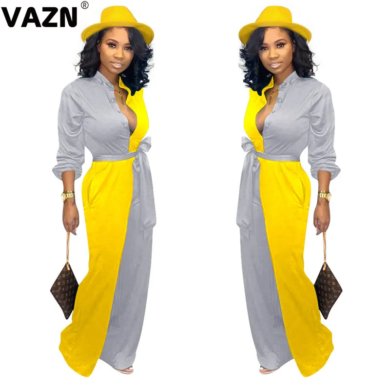 VAZN New chic sexy lady spring sexy lady yellow patchwork colors long jumpsuit full sleeve slashes jumpsuit button jumpsuit