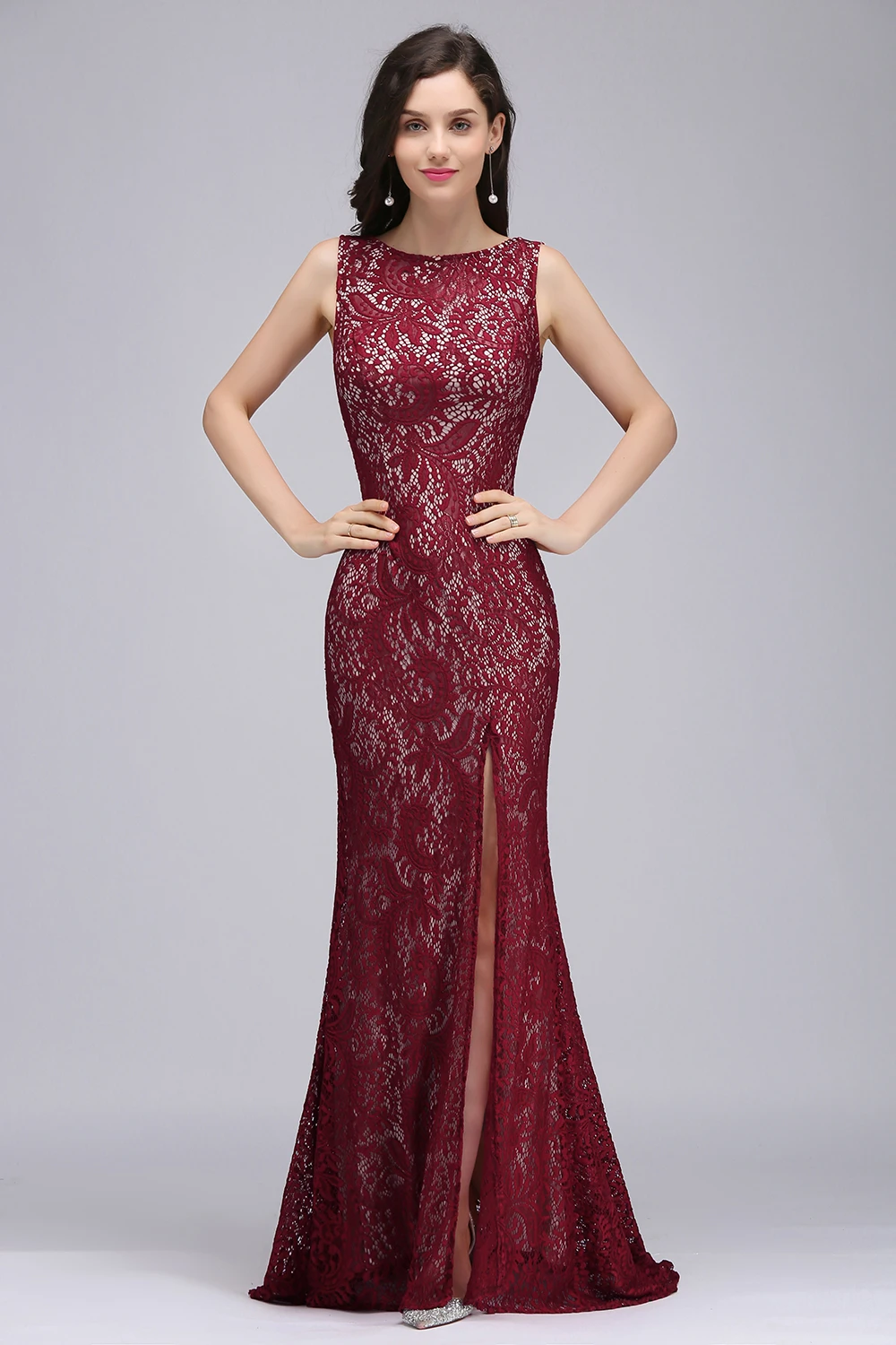 24 часа Вечерние платья Длинные V стиль сзади платье Vestido de Festa аппликация вечернее кружевное платье реальные фотографии - Цвет: Burgundy