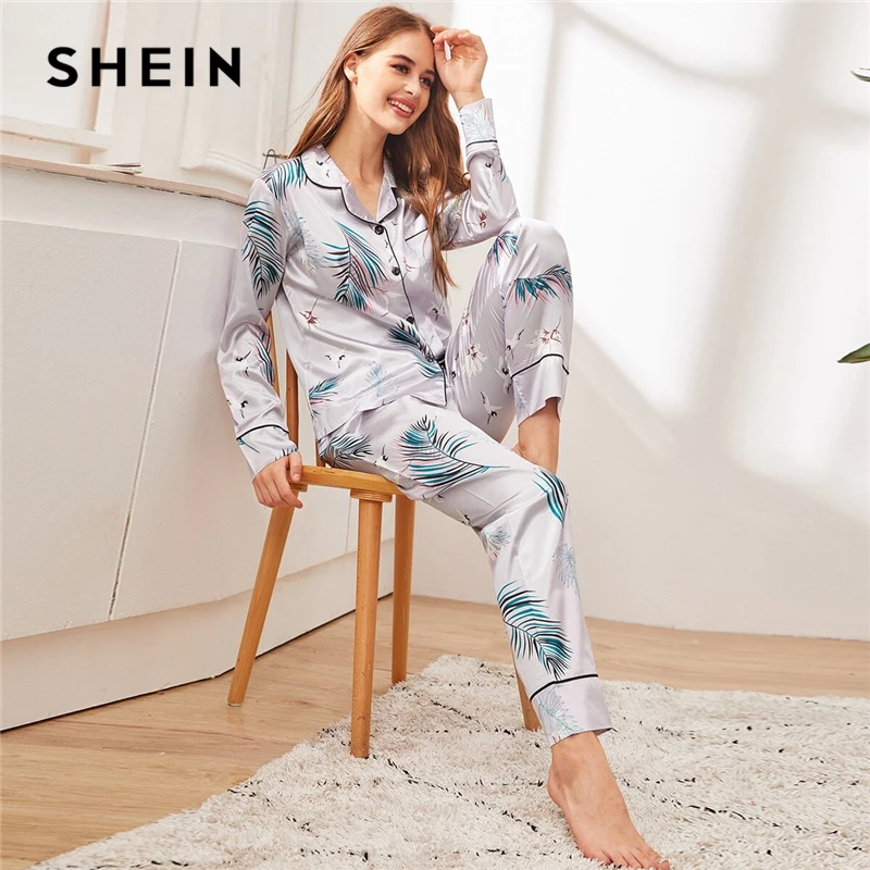 Серые атласные пижамные комплекты SHEIN с принтом журавля и ладони женские длинные