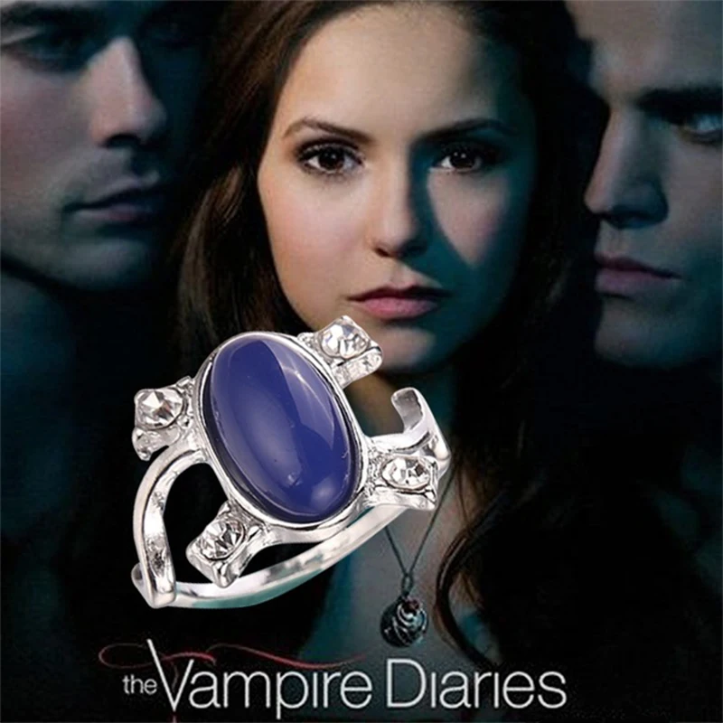 The Vampire Diaries Charm Ring For Women Movie Jewelry Damomo Kit Di Gioielli Per La Famiglia Di Anelli Di Barretta In Pietra Blu