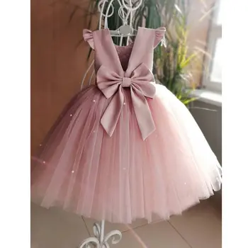 

2020 New Peach Pink Flower Girls Dresses For Wedding Beading Backless Girl Birthday Party Evening Dress Tulle Princess Ball Gown