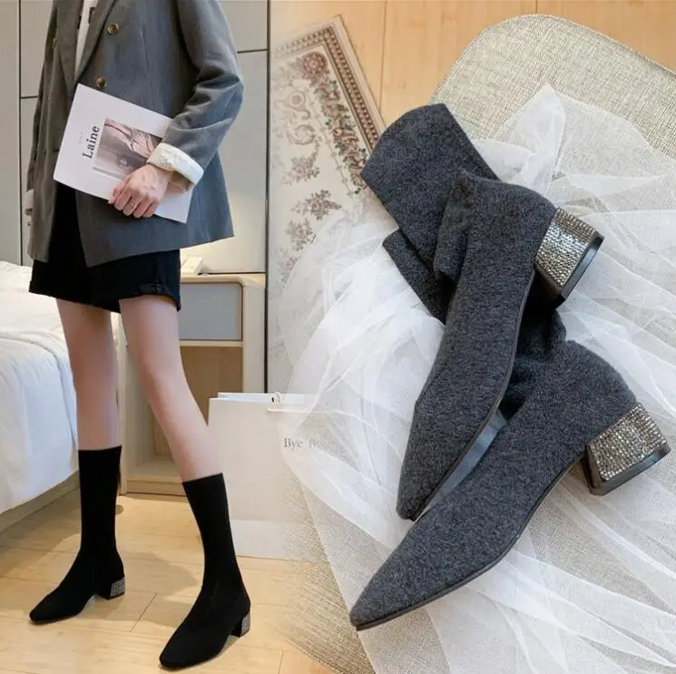 

Knee Boots Women Shoes Woman Boots High-heeled Square Toe Elastic Socks Boots 2019 Autumn New Elastic Breathable Boots X398