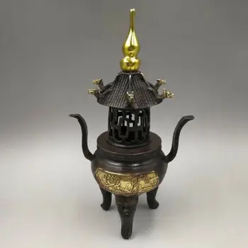 

Chinese Antique Old red copper gilded sculpture pagoda incense burner
