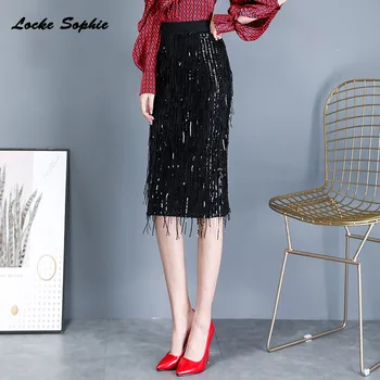 

1pcs high waist Women's plus size Pencil skirts 2020 Summer Cotton blend Tassels Splicing skirt Ladies Skinny Pencil skirts