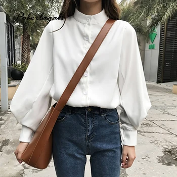 

High fashion lantern sleeve women simple blouse shirt OL solid blue blouse shirts plus size autumn winter 2019 blusas mujer