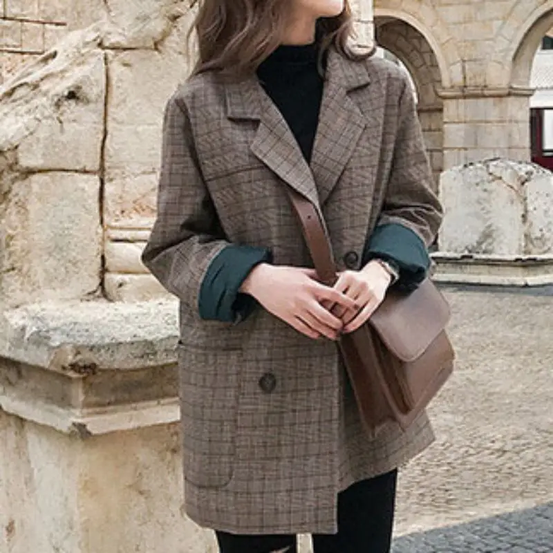 Women Blazer Retro Spring Autumn Plaid Jackets Lapel Casual Long Sleeves Slim Warm Coat British Style Blazer Outwear