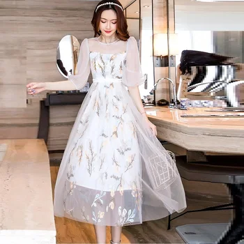 

Summer Ladies Plus Size embroidery Dress Elegant mesh romantic long party Dress lantern half sleeves longos vestidos XXXXL 4XL