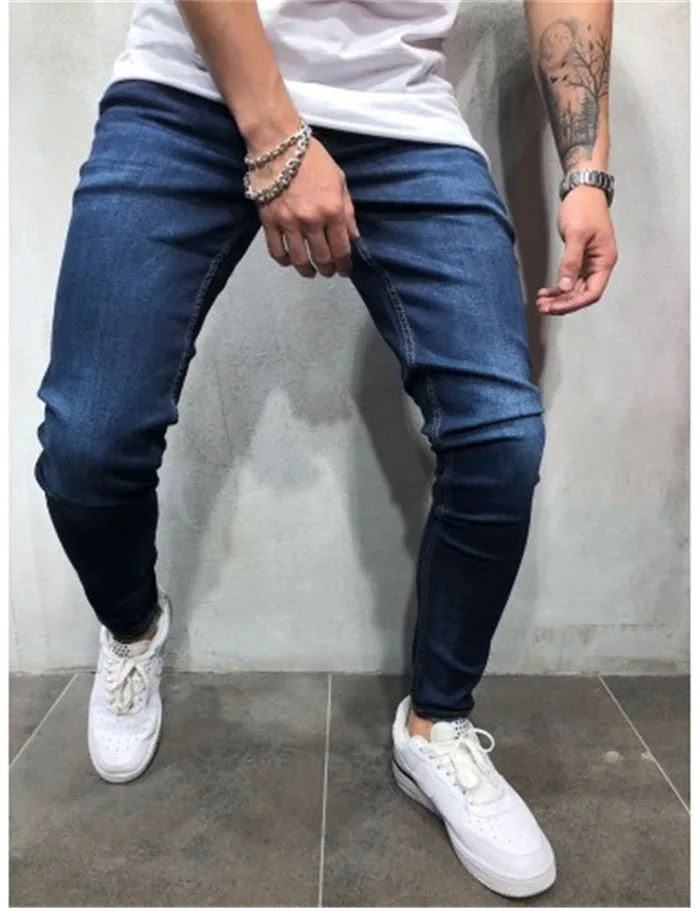 BLUE Pui мужские узкие брюки tiua, эластичные спортивные штаны, мужские однотонные джинсовые штаны-шаровары, повседневные узкие штаны для бега, повседневные штаны, черные, синие джинсы - Цвет: BLUE