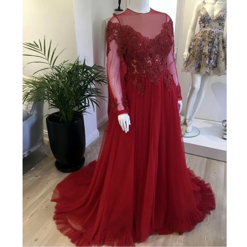 HWTX_Bridal Тюль с длинным рукавом вечернее платье Иллюзия лиф кружева размера плюс А-силуэт длинные платья для выпускного вечера на заказ Формальное вечернее платье