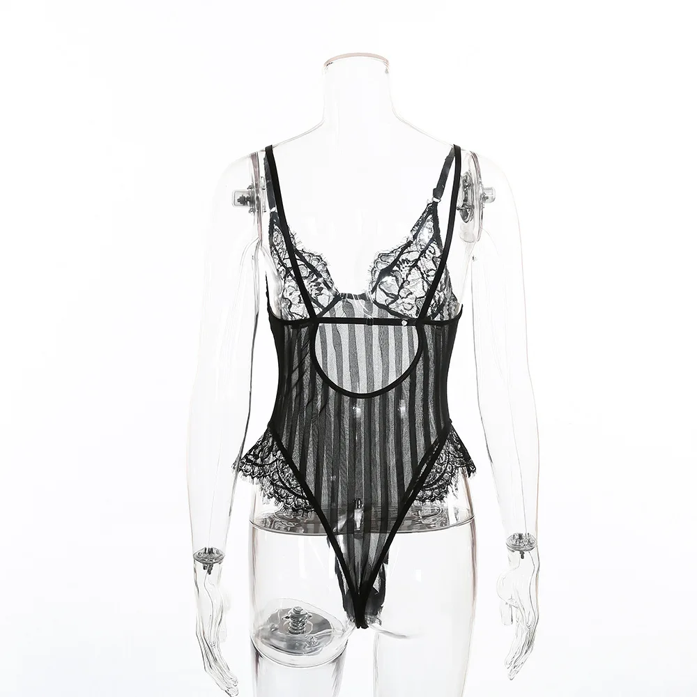 See Through Patchwork Stripe Lace Bodysuit Sleeveless Sexy V Neck Hollow Out Embroidery Skinny One Piece Jumpsuit Body Dentelle shapewear bodysuit