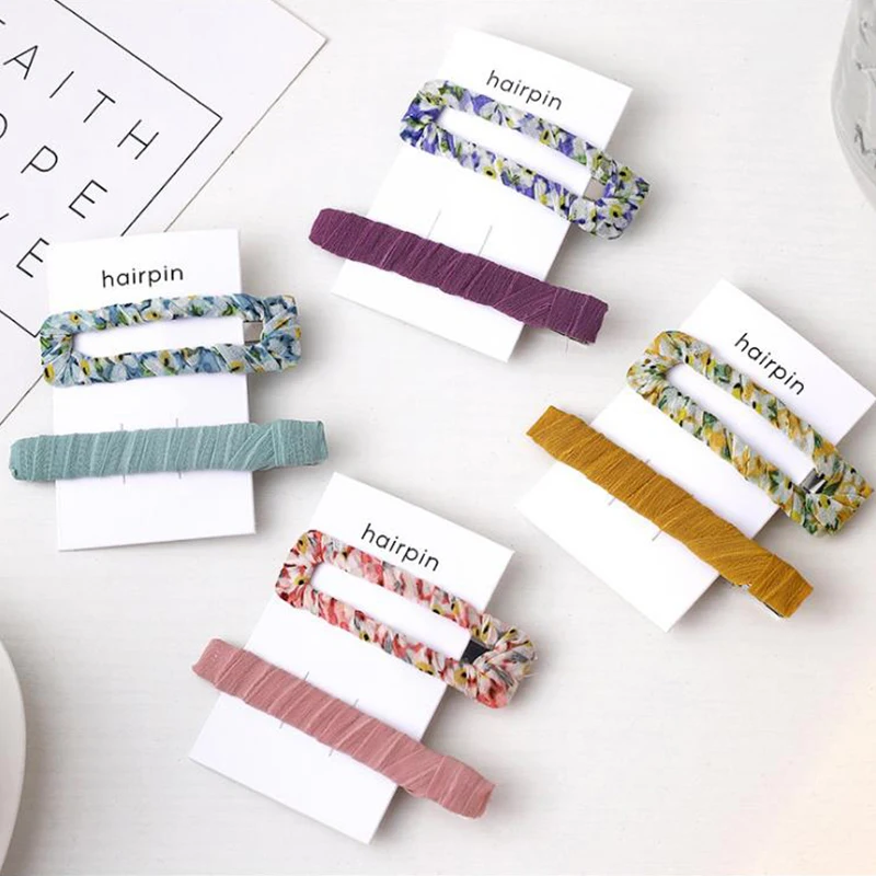 

2PC/SET Small Fresh And Simple Floral Fabric Hairpin Card Suit Forest Bangs Clip Edge Fashion Girl Hair Buckle