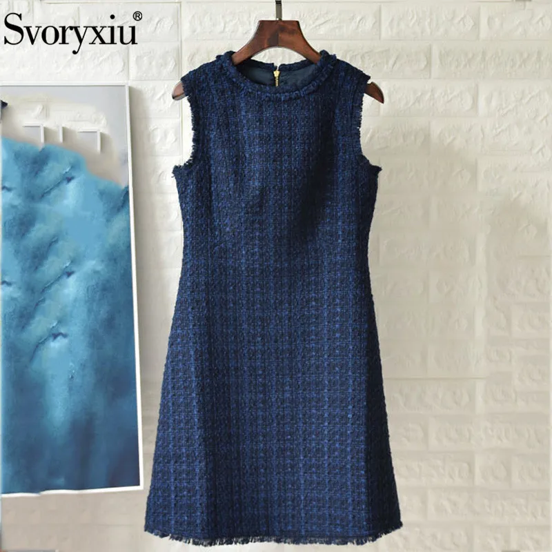 

Svoryxiu Designer Autumn Winter Tweed Braided Sleeveless Dress Women's Fashion O-Neck Slim A-Line Party Short Dress Vestdios