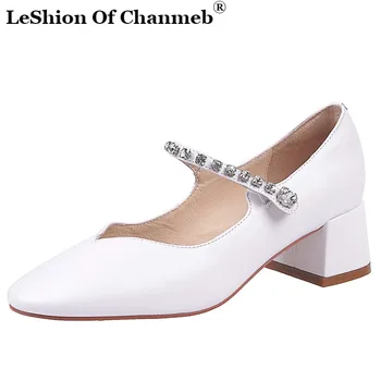 

Sweet Block Heels Pumps Women Spring Autumn Patent Cow Leather Casual Basic Party Shoes Woman Rhinestone Strap Round Toe Pumps