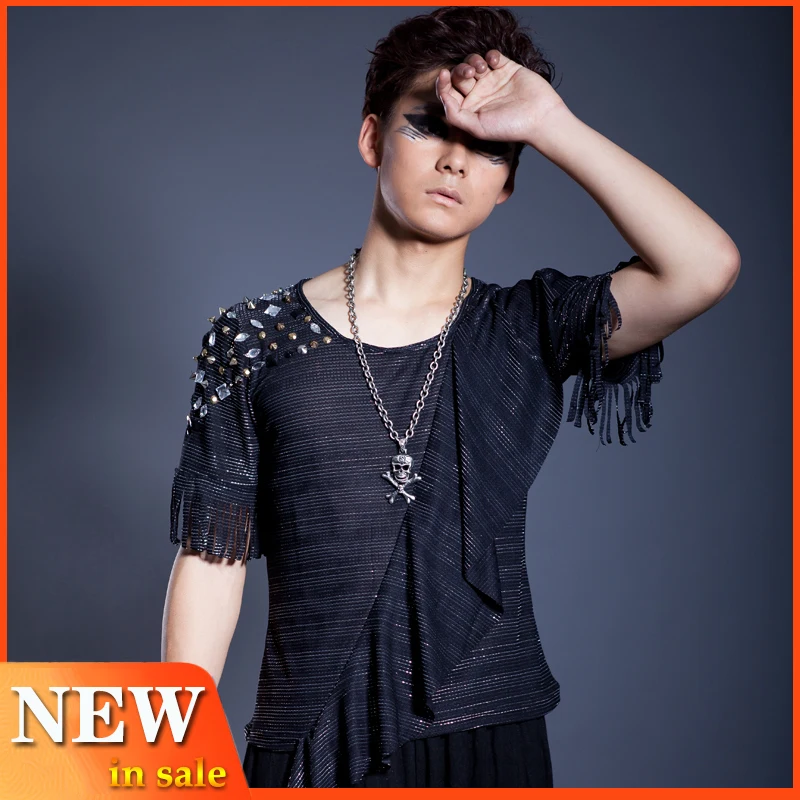 Костюм диджея для ночного клуба, Мужская одежда, корейские сценические наряды для выступления в стиле хип-хоп, танцевальный костюм ГОГО, нестандартная черная футболка BL2224