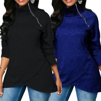 

Women Casual Solid Color Zipper High Neck Long Sleeve Irregular Hem Pullover Nylon/ Polyester/ Spandex Irregular Hem All-match