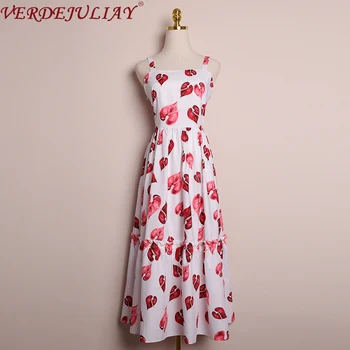 

VERDEJULIAY Romantic Spaghetti Strap Fairy Dresses Women 2020 Spring New Elegant Ruffles Runway Floral Midi Trumpet Dress