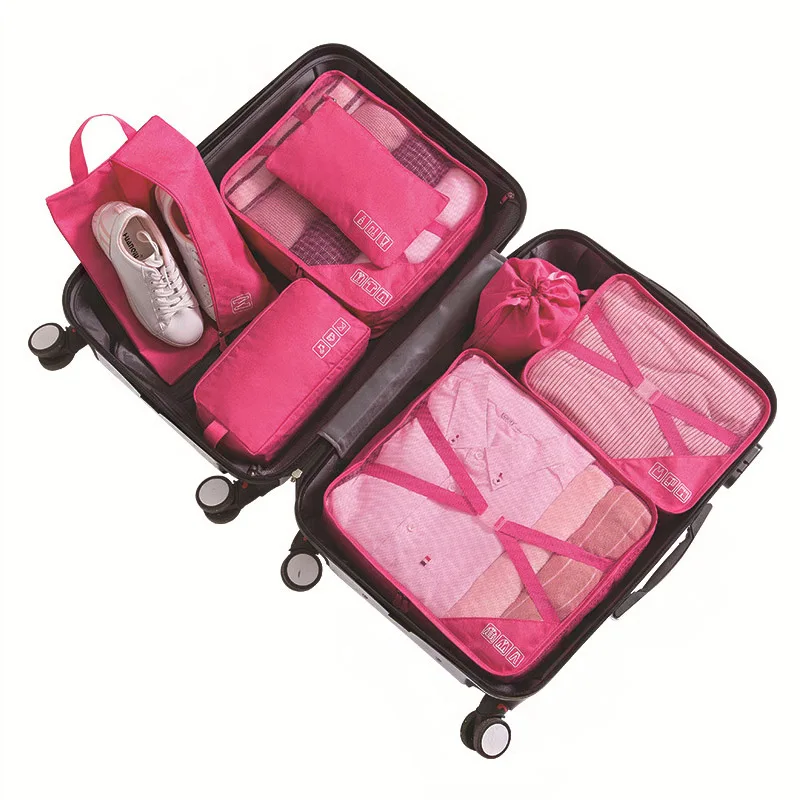 Rose Red Одежда хранение багаж Организатор 7Pcs / комплект путешествия аксессуары Одежды договоритесь Kit косметической Tidy обуви пакета отделочной сумки - Цвет: Rose Red