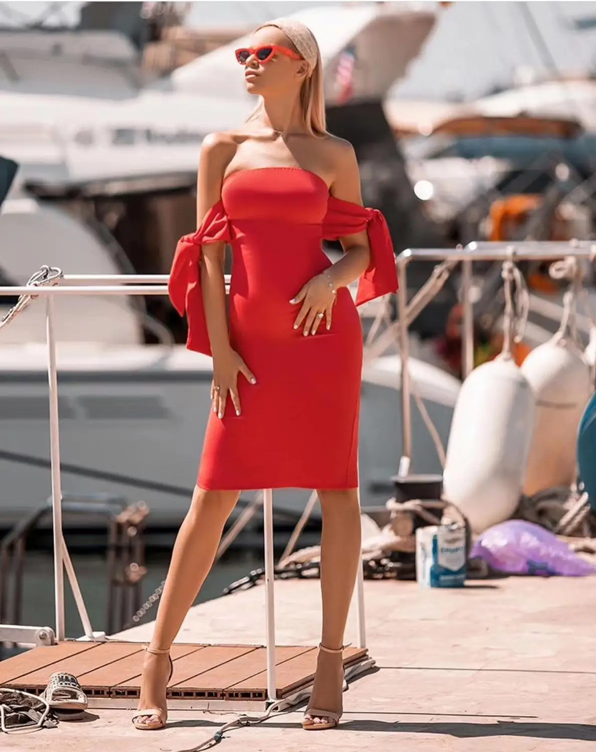 Летнее женское сексуальное красное Бандажное платье без бретелек с коротким