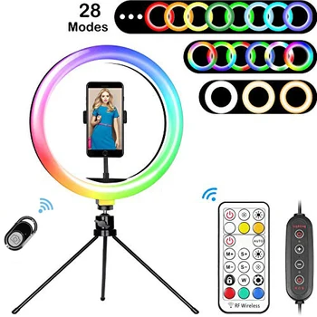 

10" RGB LED Selfie Ring Light, 16 Colors Dimmable Desktop Ringlight with Tripod & Phone Holder for Makeup/YouTube/Live Stream