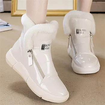 

2019 Winter New Fashion Patent Leather +Rabbit Fur Boots Thick Bottom Boots Women Zipper Boots Short Ankle Boots