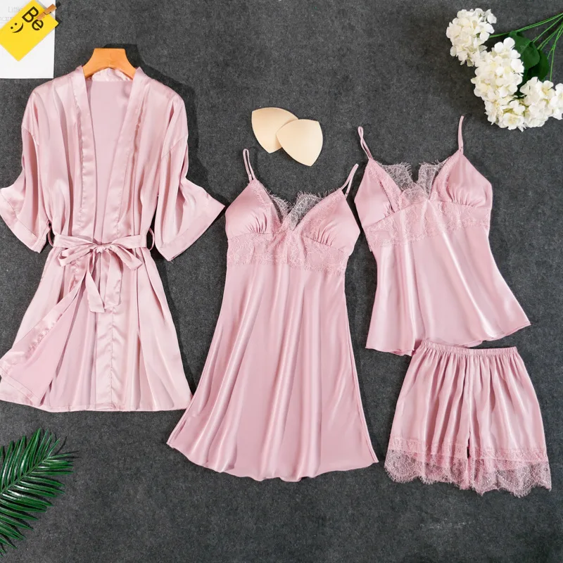 FZSLCYIYI Пижамный костюм из 4 предметов, женская одежда для сна, пижама с длинным рукавом, одежда для сна, интимное нижнее белье, ночная сорочка Осенняя домашняя одежда