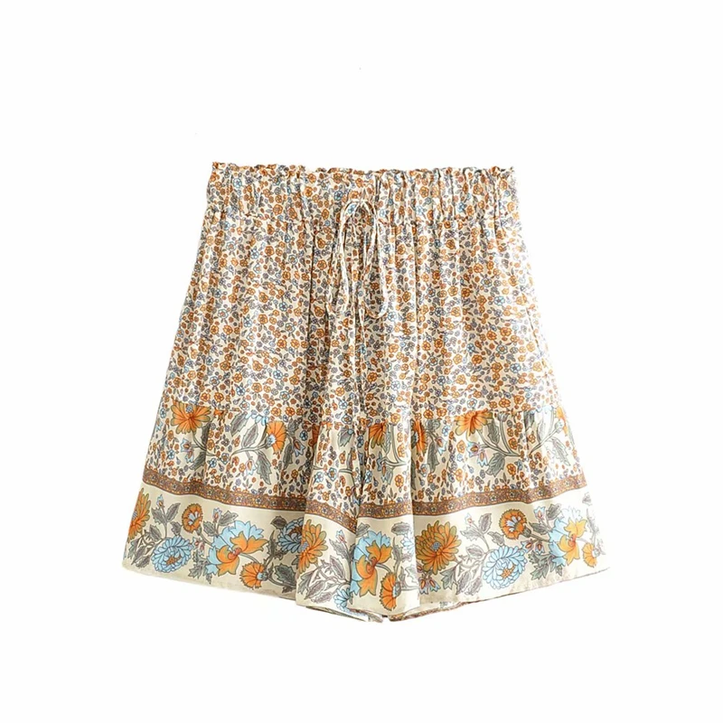beige Винтажные шикарные женские бежевые богемные шорты happie с цветочным принтом, женские пляжные шорты большого размера с эластичной талией, шорты в стиле бохо - Цвет: beige
