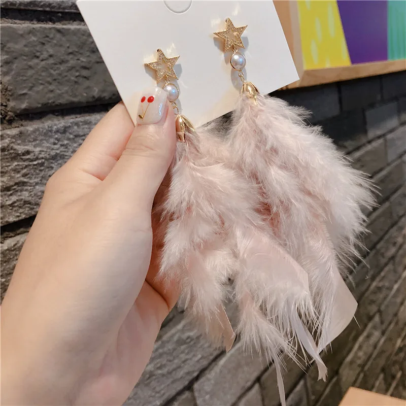 Winter New Woman Drop Earrings Big Pink Feather Cute Star Long Dangle Earrings Fashion Accessories Trendy Jewelry