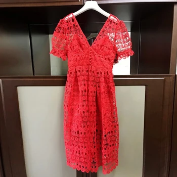 

Herudoan Fashion Designer Summer Solid Red Dress Women Sexy V-Neck Ruffles Lace Hollow Out Evening Party Dresses vestidos
