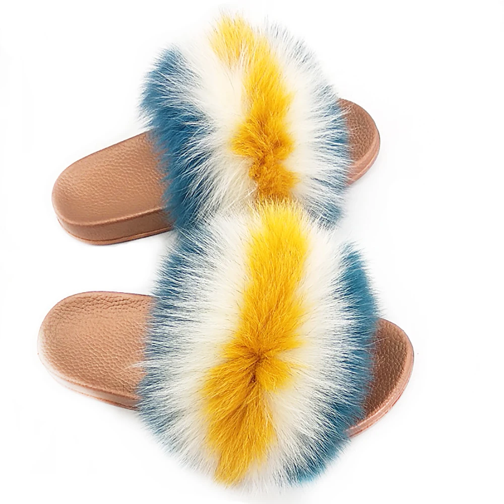Новинка летние меховые пушистые тапочки женская обувь из натурального Лисьего