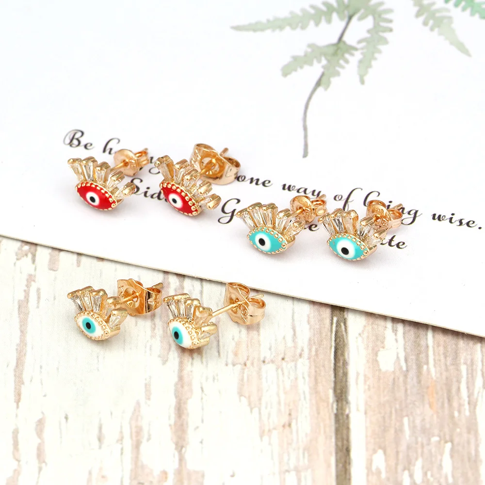 Stud Earrings Lucky Eye Blue Zircon Evil Eye Fatima Hand Stud Earrings Gold Silver Color Small Earrings for Women Girls Fashion Jewelry BD423