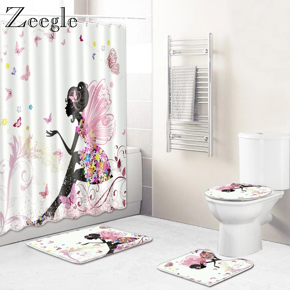 Zeegle Cartoon Butterfly Bath Mat Set Waterproof Shower Curtain with Hooks Pedestal Rug Lid Toilet Cover Anti-slip Bath Mat Set
