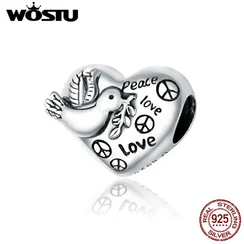 

WOSTU Heart Charms 925 Sterling Silver Peace Dove Lettering Beads Fit Original Bracelet Necklace Pendant Jewelry CQC1580