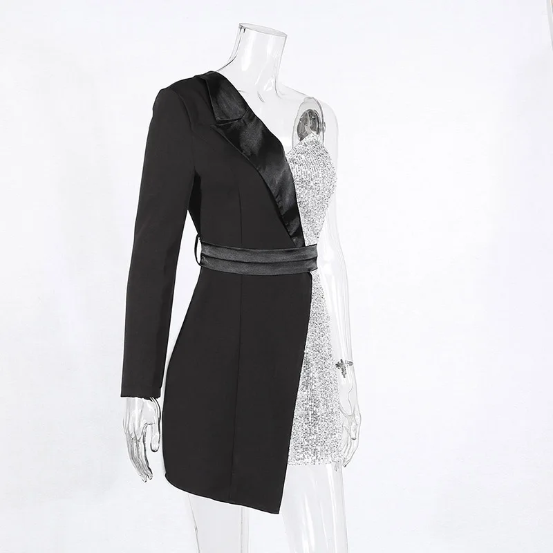 Neonrrexy, сексуальное мини-платье с серебряными пайетками в стиле пэчворк, новинка весны, с длинным рукавом, на одно плечо, неровное, бодикон, одежда для ночного клуба, платье